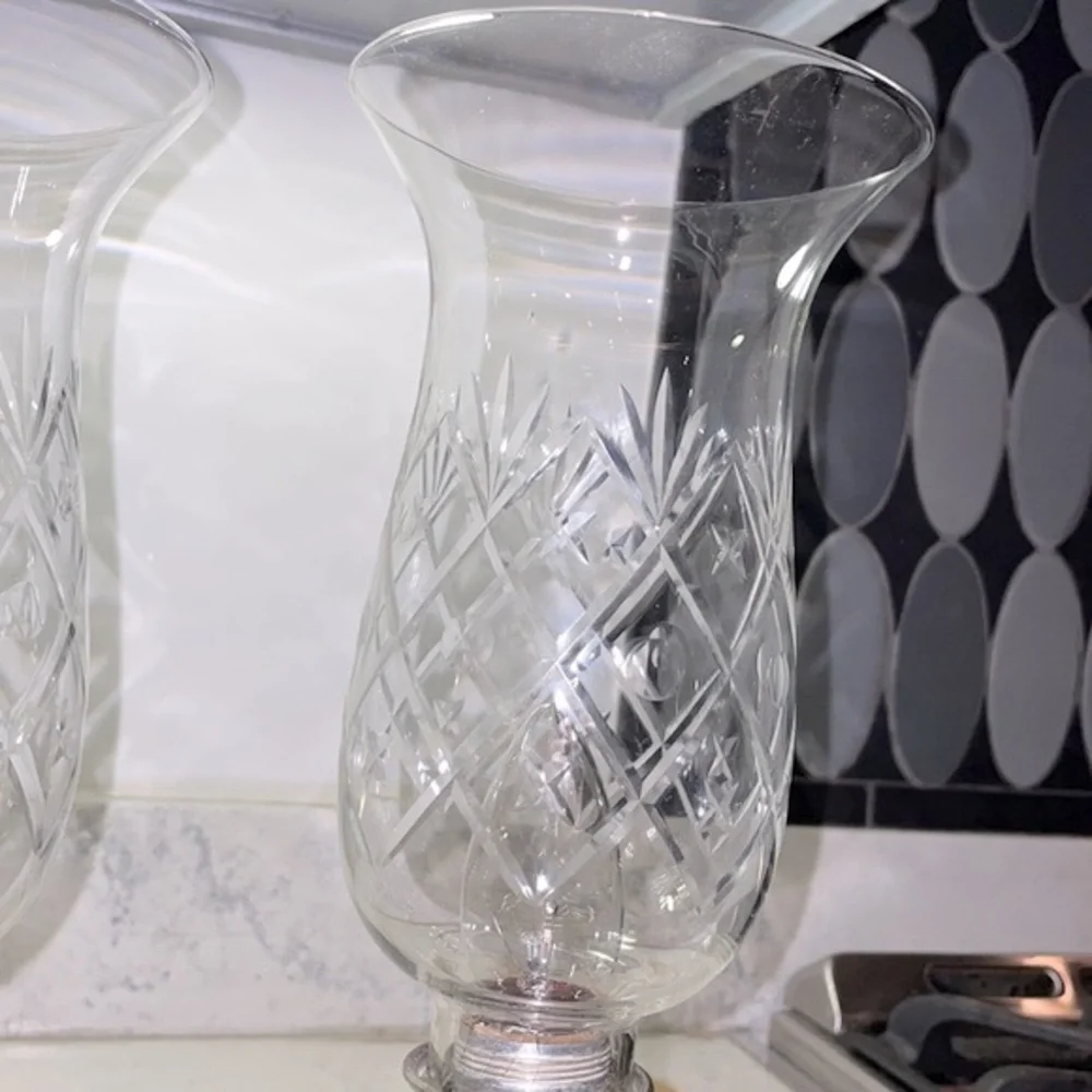 Sterling Silver Etched Electric Hurricane Lamps Candlesticks Matching Pair of 2